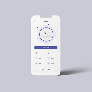 Könnte beinhalten: Ein weißer Smartphone-Bildschirm zeigt eine mobile App mit einem blauen Kreis, der eine Punktzahl von 74 anzeigt. Der Text "Optimization is optimized" befindet sich unter der Punktzahl. Die Schaltfläche "Jetzt optimieren" befindet sich unter dem Kreis. Die App bietet Optionen für Cleaner, Antivirus, Daten, Akku, Geschwindigkeit und Blocker.