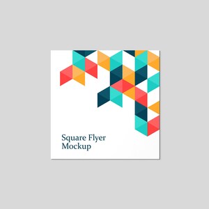 May include: A white square flyer mockup with a geometric pattern of blue, teal, orange, and red triangles in the top right corner. The text "Square Flyer Mockup" is in the bottom left corner.