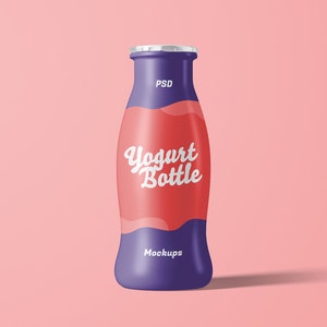 May include: A purple yogurt bottle with a silver lid and a pink and white design. The bottle has the text "Yogurt Bottle" and "Mockups" printed on it.
