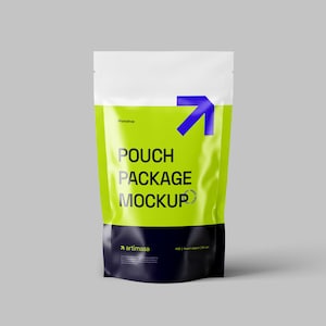 May include: A white pouch with a green background and blue arrow. The text "POUCH PACKAGE MOCKUP" is printed on the pouch. The pouch is a mockup for packaging.