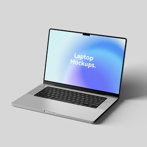 Puede incluir: Un ordenador portátil plateado con un teclado negro y una pantalla con degradado azul y morado que dice "Laptop Mockups."