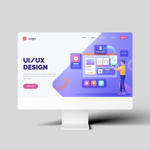 May include: A computer screen displaying a website with the text "UI/UX DESIGN" and a graphic of a person working on a website design. The website has a blue and purple color scheme.