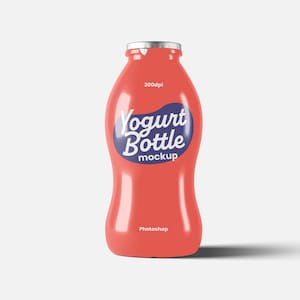 May include: A red plastic yogurt bottle mockup with a silver lid and a blue and white label that says "Yogurt Bottle Mockup".