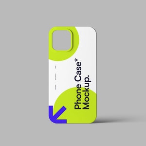 Könnte beinhalten: Ein weißes Handyhüllen-Mockup mit einem grün-weißen Design. Die Hülle hat einen Ausschnitt für die Kamera und einen blauen Pfeil, der nach unten zeigt. Der Text "Phone Case* Mockup." ist auf der Hülle aufgedruckt.