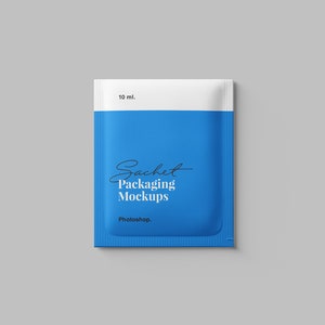 May include: A blue and white sachet pouch mockup with the text "Sachet Packaging Mockups" and "Photoshop." The pouch has a white top with the text "10 ml."