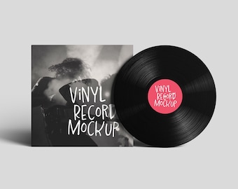 May include: Black vinyl record with a black and white photo of a person on stage on the cover. The cover has the text "Vinyl Record Mockup" in white.