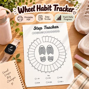 Può includere: Un foglio di carta bianco intitolato Step Tracker che presenta un diagramma circolare con segmenti numerati da 1 a 31 e un grafico centrale con impronte di piedi. La pagina include una legenda per il conteggio dei passi e i mesi. Testo: Wheel Habit Tracker.