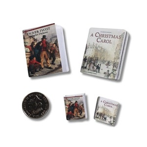 Dolls Books | Oliver Twist + A Christmas Carol Miniature Books | Dolls House Miniatures | Real Text & Pictures | 1/4 1/6 or 1/12 Scale |