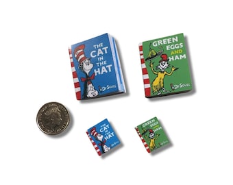 Dolls House Miniatures | Green Eggs & Ham + The Cat in The Hat Miniature Books | Real Text and Pictures | 1/4 1/6 or 1/12 Scale | Doll House