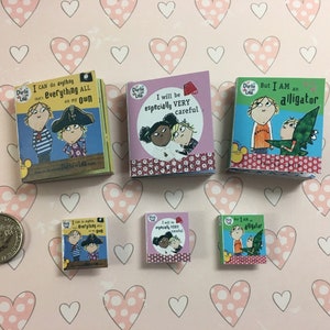 3 livros em miniatura de Charlie e Lola | Texto e imagens reais | Escala 1/4, 1/6 ou 1/12 | Mini livro Casa de Bonecas | Diorama | Móveis para casa de bonecas