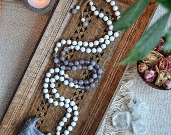 Hand-Knotted White Howlite-Black Onyx-Agate Meditation Healing Mala with Silk Tassel and Om Charm