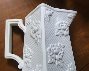 Antique Boehm USA Porcelain Bisque Pitcher Flower Basket Weave
