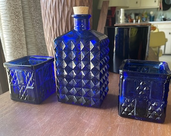 Rosenthal Netter Cobalt Blue Glass Bottle Decanter & Candle Holders Lot READ Condition