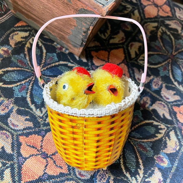 Vintage Wind Up Easter Toy Fez Hat Chicks in Basket