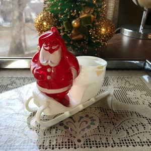 Mid Century Hard Plastic Santa Candy Container Ornament Sleigh Christmas Decoration