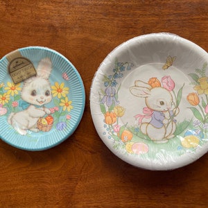 May include: Two paper plates with a bunny rabbit design. The plates are white with a blue border and feature a bunny rabbit holding a basket of eggs. The plates are surrounded by flowers and other spring-themed designs. The text on the smaller plate reads "Eight 7 Inch Plates".
