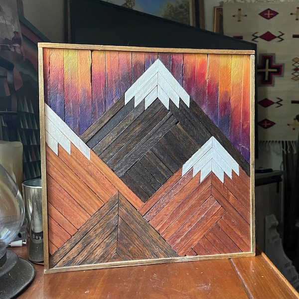 Mountain Scene Barn Quilt Wood Block Wall Decor Rustic Art