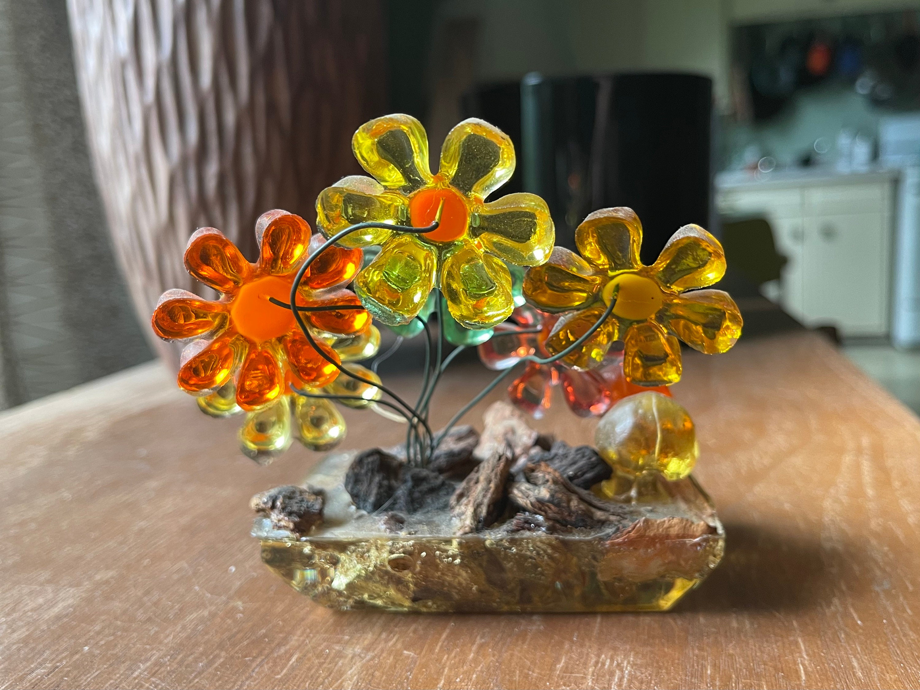 Lucite Resin Wire Flower and Mushroom Sculpture From New