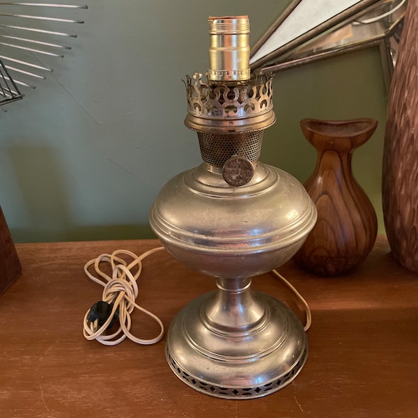 Antique Nickel Plated ALADDIN Model No. 6 Kerosene Oil Lamp Converted to Electric