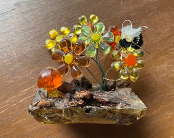 Lucite Resin Wire Flower and Mushroom Sculpture from New Designs Inc 1969
