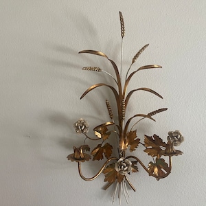 Antique Gold Gilt Tole Large Candle Sconce Made In Italy Sheaf of Wheat and Roses