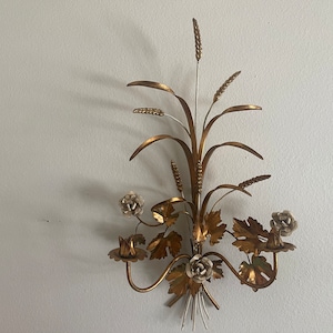 Antique Gold Gilt Tole Large Candle Sconce Made In Italy Sheaf of Wheat and Roses