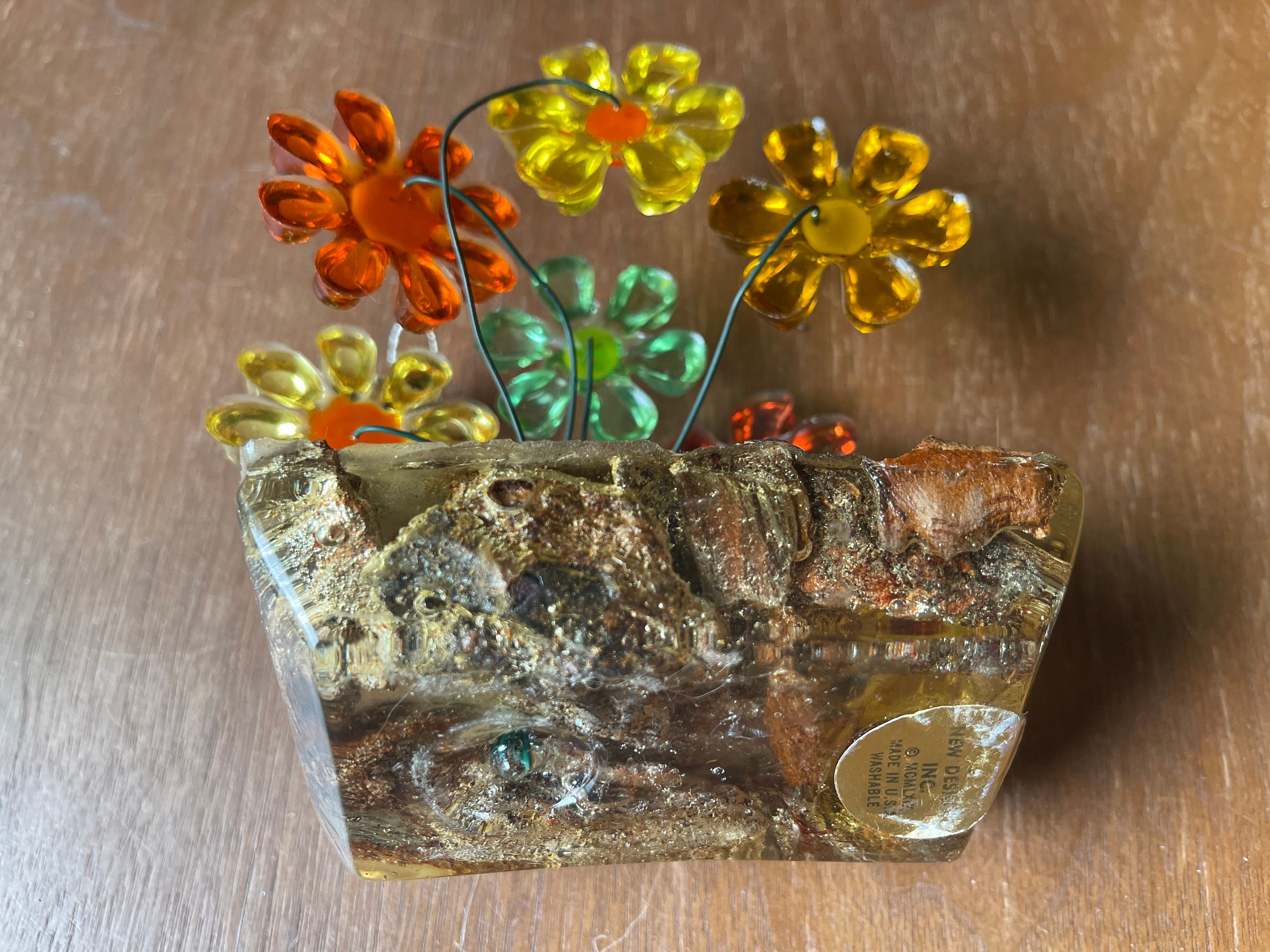Lucite Resin Wire Flower and Mushroom Sculpture From New