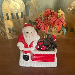 Santa Claus on Rooftop Chimney Planter Figural Ceramic Figurine