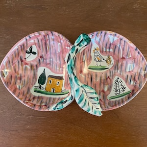 Mid Century Italian Fratelli Fanciullacci Ceramic Unusual Hand Painted Rooster Chicken Divided Ceramic Bowl