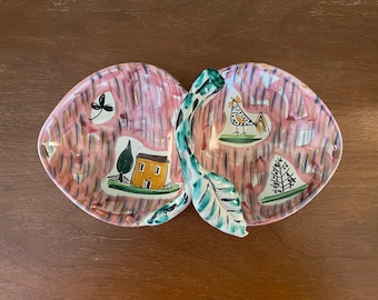 Mid Century Italian Fratelli Fanciullacci Ceramic Unusual Hand Painted Rooster Chicken Divided Ceramic Bowl