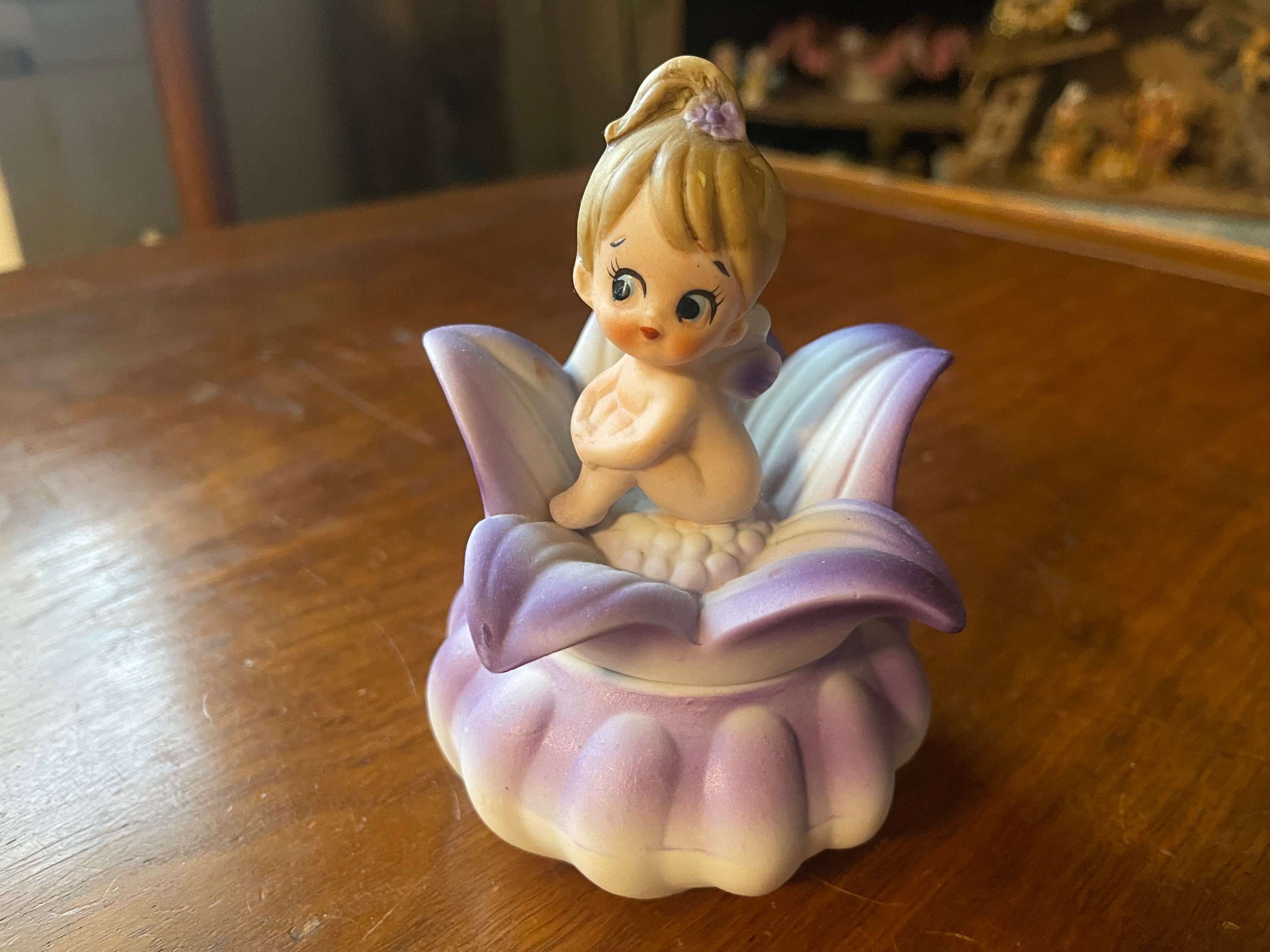 Purple Fairy Flower Pixie Trinket Box Dish Lego Porcelain Figurine