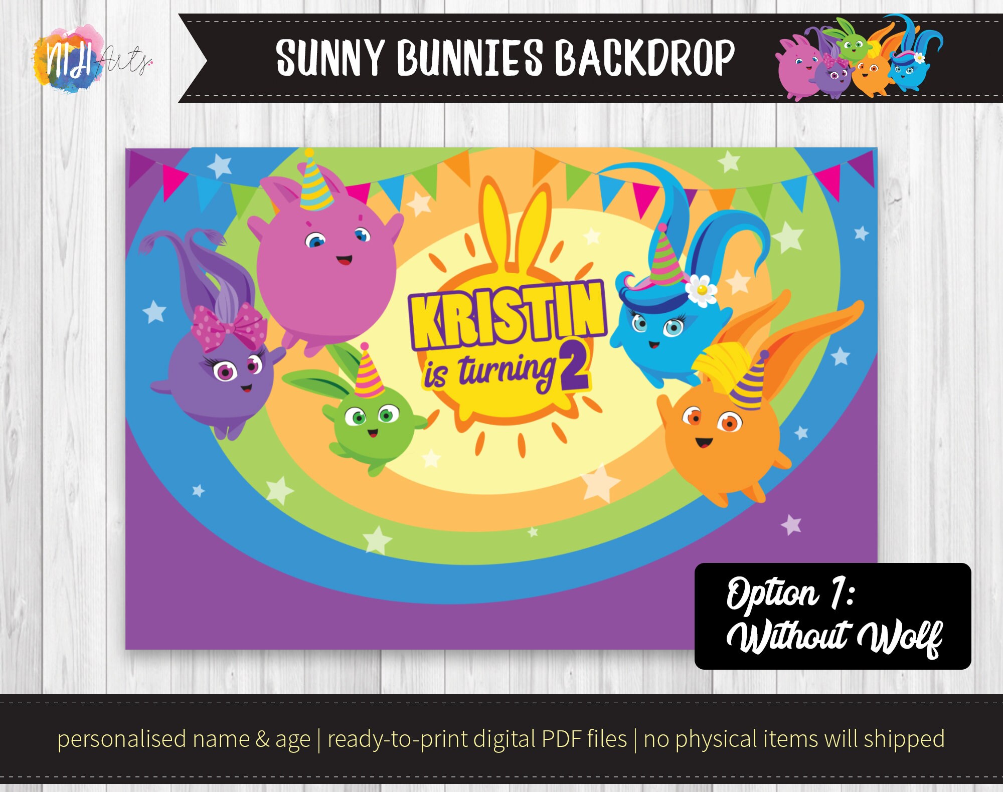 SUNNY BUNNIES BIRTHDAY EVENT BANNER POSTER PERSONALISED ANY NAME AGE TEXT