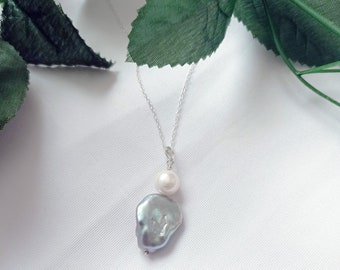 Natural Silver Pearl Sterling Silver Necklace, Irregular Pearl Pendant, Pearl Sterling Silver Necklace
