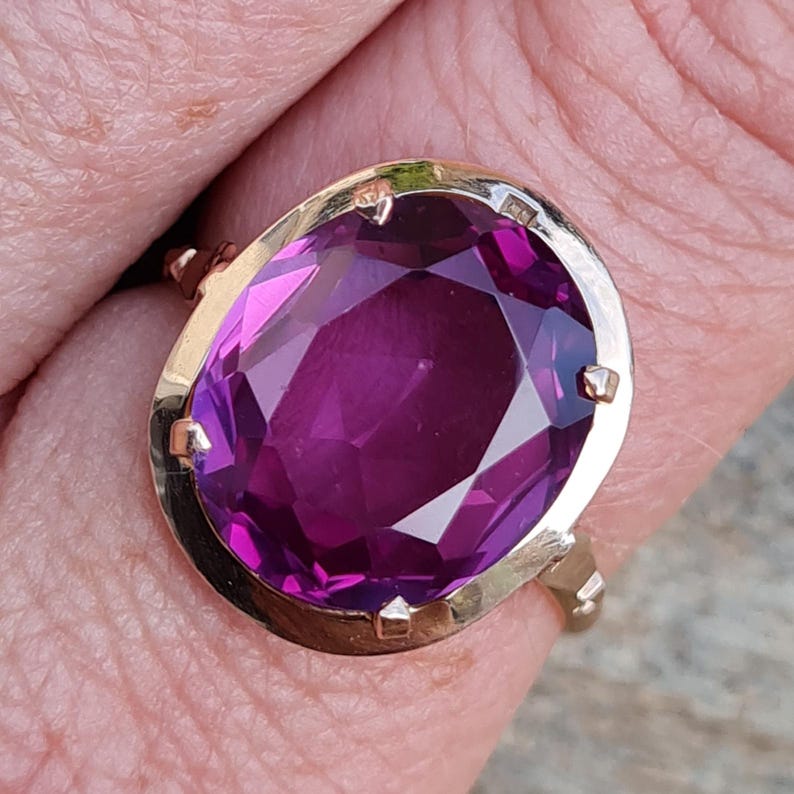 Vintage Egyptian Hallmarked Solid 14ct 14k Rose Gold Amethyst Solitaire