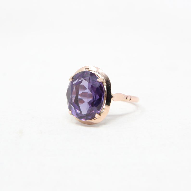 Vintage Egyptian Hallmarked Solid 14ct 14k Rose Gold Amethyst Solitaire