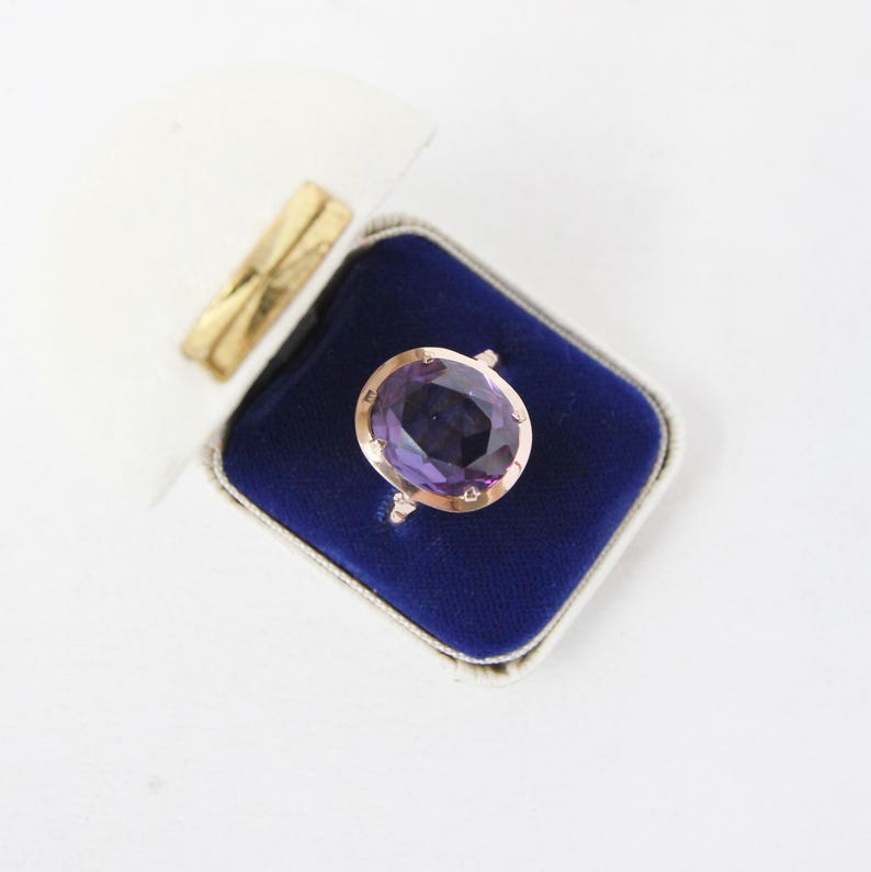 Vintage Egyptian Hallmarked Solid 14ct 14k Rose Gold Amethyst Solitaire