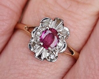 Vintage 1983 English Hallmarked Solid 9ct 9k Gold Diamond Ruby Daisy Cluster Ring Size M Engagement Art Deco Style