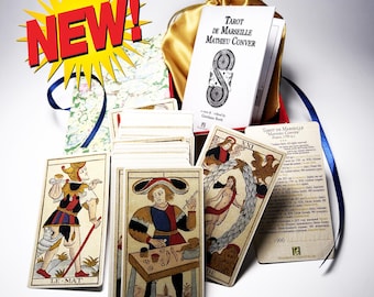 May include: A tarot card deck with the title "Tarot de Marseille Mathieu Conver" and the word "NEW!" in a yellow burst. The deck includes a book, a gold drawstring bag, and several tarot cards with illustrations and French text.