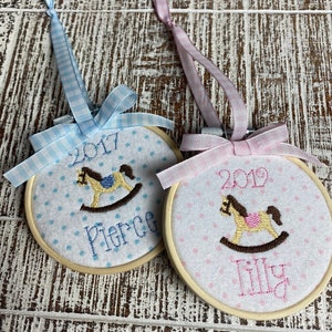 Personalized First Christmas Ornament, Baby’s First Christmas Rocking Horse Ornament, Gift for Baby, Pink or Blue, My First Christmas