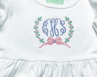 Girl’s White Tunic with Monogram and Floral Wreath - Spring Shirt - Valentines Shirt - Easter Shirt