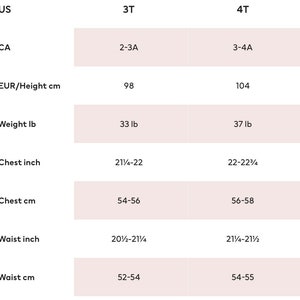 May include: Size chart for children's clothing with measurements in US, Canadian, European, and metric units. The chart shows sizes from 3T to 4T, with corresponding weight, chest, and waist measurements.