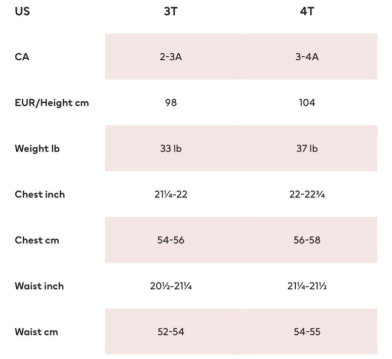 May include: Size chart for children's clothing with measurements in US, Canadian, European, and metric units. The chart shows sizes from 3T to 4T, with corresponding weight, chest, and waist measurements.
