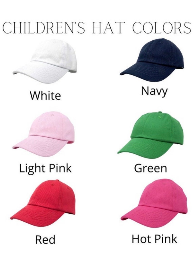May include: Six different coloured children's baseball caps. The caps are white, navy, light pink, green, red, and hot pink.