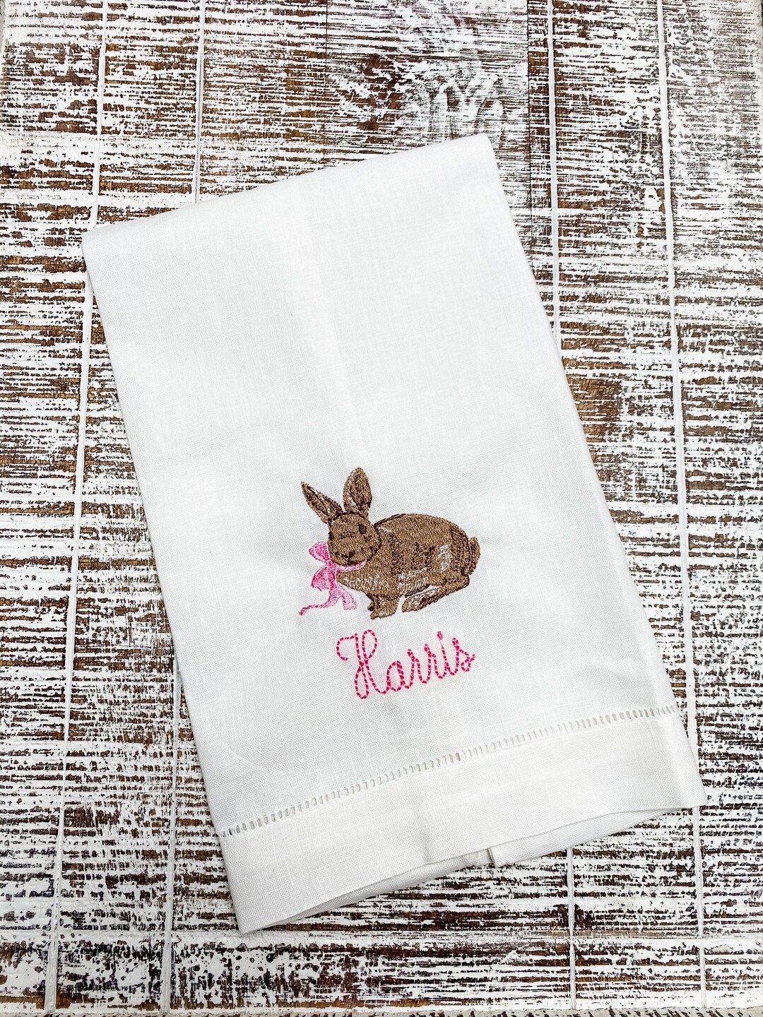 Rabbit Tea Towel Bunny Hand Towel Easter Linen Hemstitched Towel Etsy
