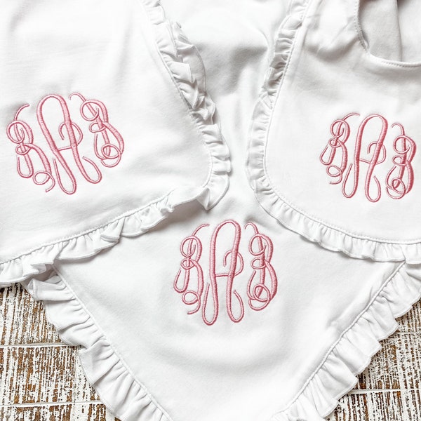 Monogram Ruffle Baby Bib - Blanket- Burp Cloth- Baby Gift - Personalized Baby Bib - Ruffle Blanket Set - Baby Girl