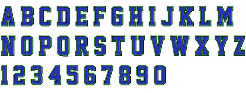 May include: A blue and green alphabet and number font with a bold, blocky style. The letters and numbers are outlined in green and filled in with blue.