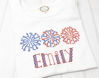 Personalized Girls Patriotic Shirt, 4th of July Embroidered Shirt, Firework Shirt for Toddler, Fourth of July Shirt, Red White Blue
