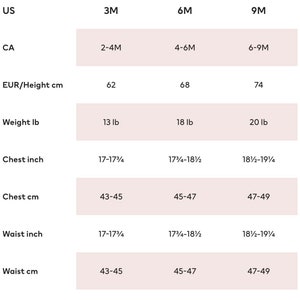 May include: Size chart for baby clothing in US, Canadian, and European sizes. The chart shows sizes for 3, 6, and 9 months, with corresponding measurements in inches and centimeters for chest, waist, and height.