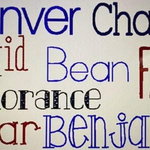 May include: A white background with various names written in different colors and fonts. The names are Denver, Charlie, David, Bean, FARM, Florence, Oscar, and Benjamin.