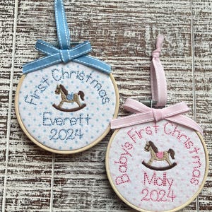 Personalized Baby&#39;s First Christmas Ornament, Rocking Horse Ornament, Embroidery Hoop Ornament